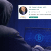 zakapturzony człowiek przed laptopem wykonuje transakcje z bitcoinem