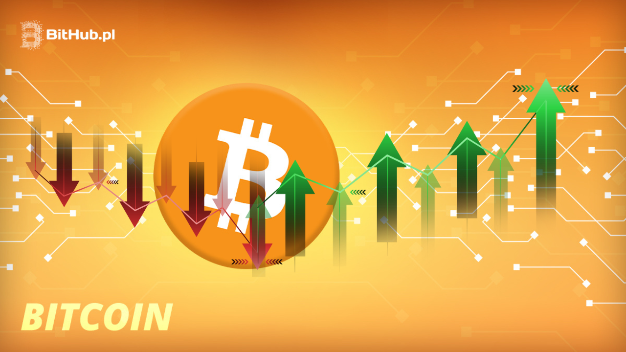 Cena Bitcoina na pomarańczowym tle ze wzrostami i spadkami