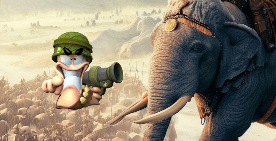 Słoń bojowy na tle armii oraz robak-żołnierz z wyrzutnią rakiet