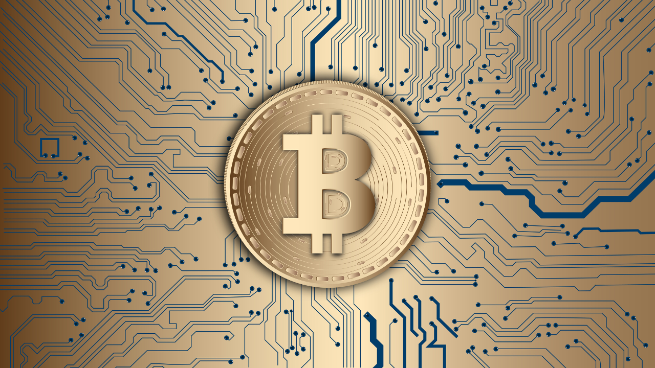 bitcoin jak płyta główna komputera na beżowym tle
