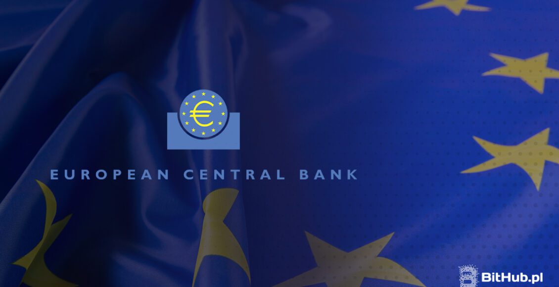 flaga unii europejskiej, n a niej logo europejskiego banku centralnego