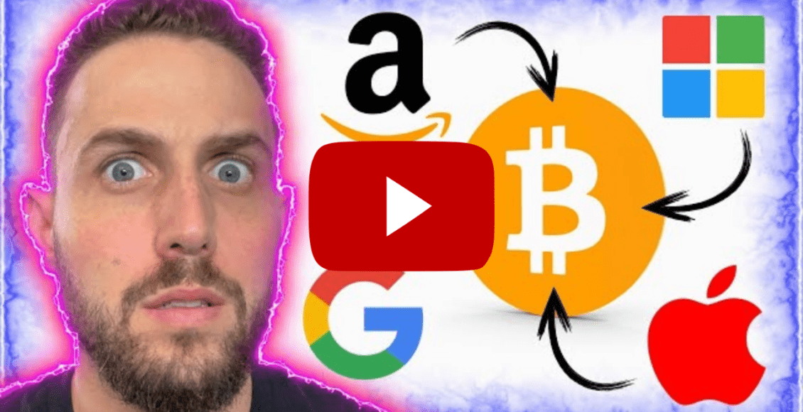 zszokowana twarz youtubera elliotrades wraz z logiem youtube, kryptowaluty bitcoin i firm giełdowych