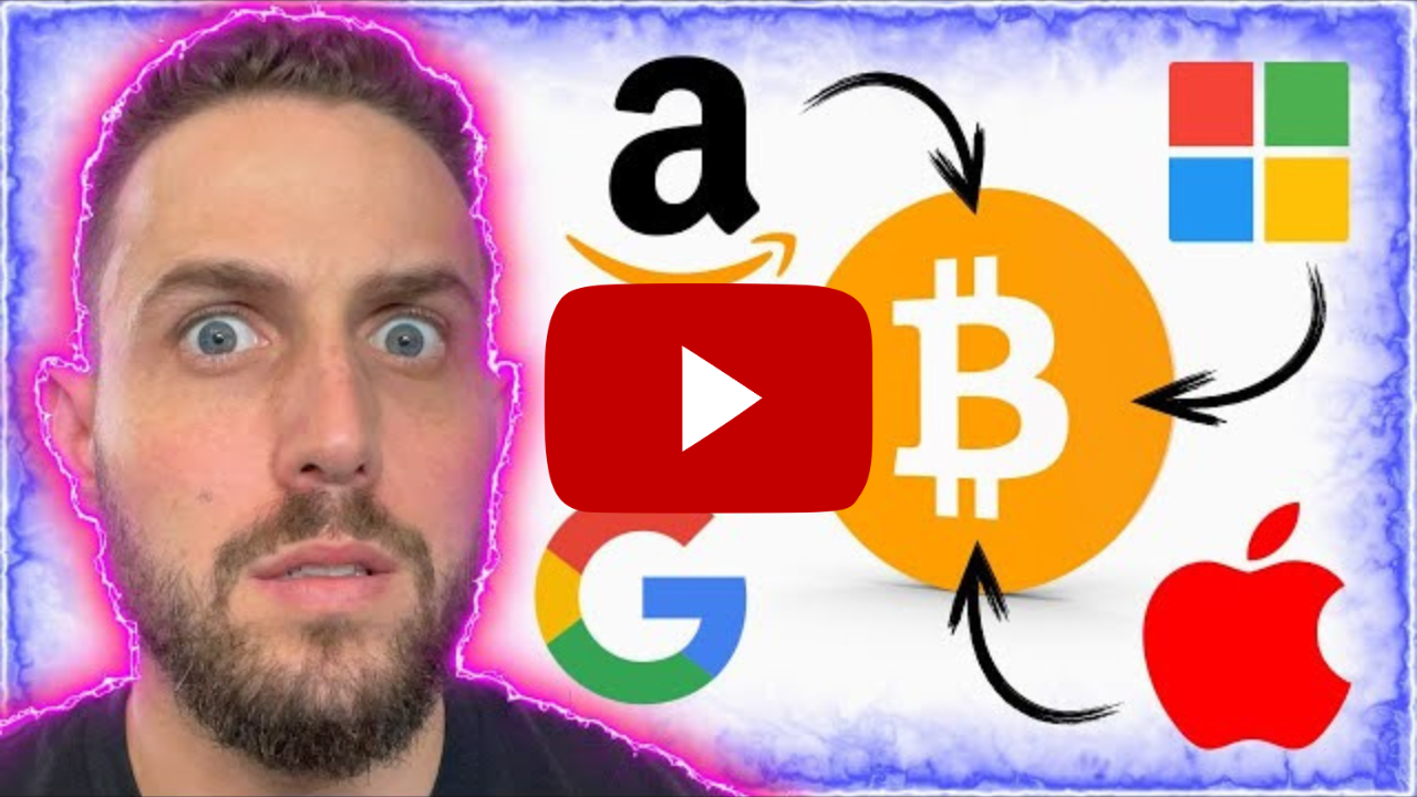 zszokowana twarz youtubera elliotrades wraz z logiem youtube, kryptowaluty bitcoin i firm giełdowych