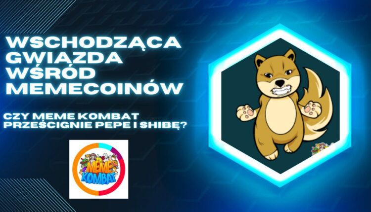 napis "wschodząca gwiazda wśród memecoinów" na niebieskim, geometrycznym tle oraz logo kryptowaluty meme kombat i wizerunek pieska shiba inu