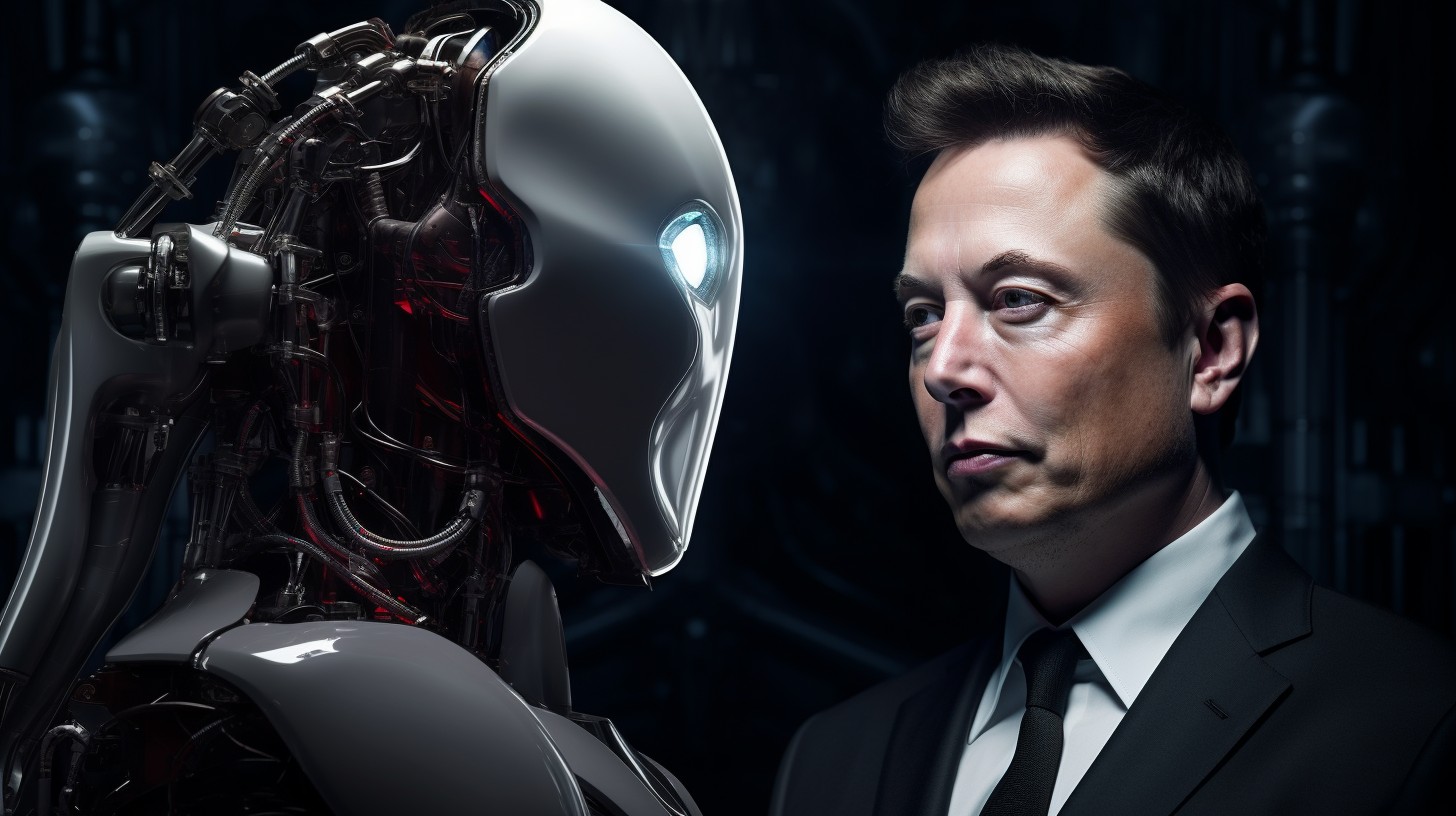 Humanoidalny robot patrzący na twarz Elona Muska