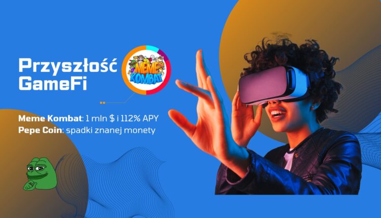 Kobieta w okularach VR sięgająca po monetę Meme Kombat na niebiesko-żółtym tle, jest logo kryptowaluty PEPE, napis "Przyszłość GameFi"