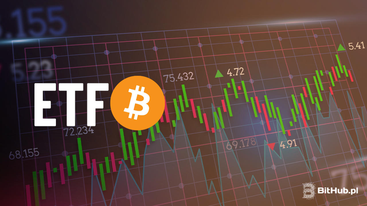 Grafika z wykresem giełdowym oraz napisem ETF i logiem Bitcoina