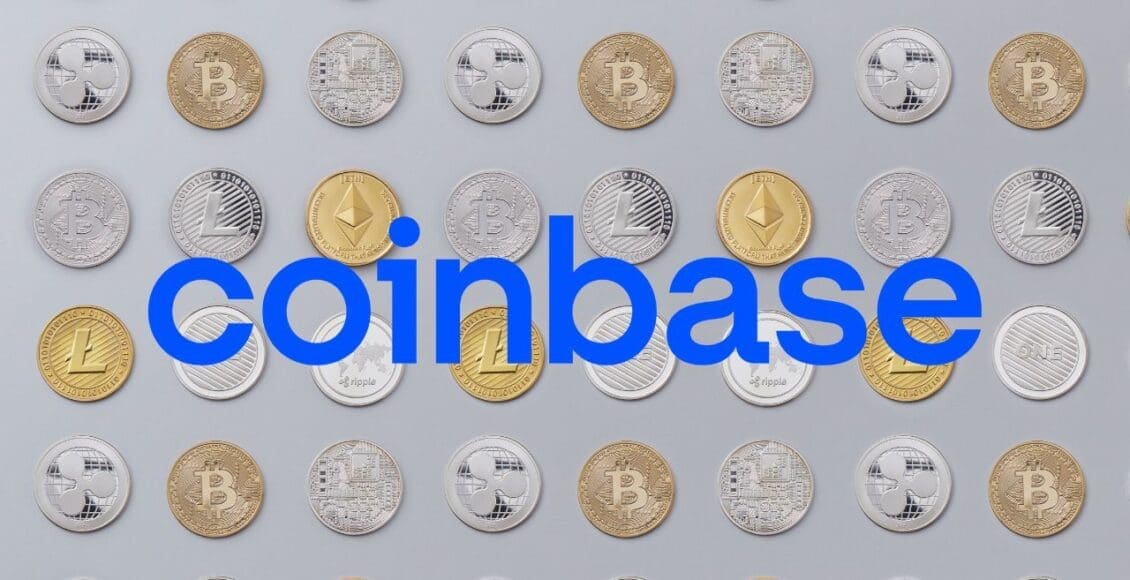 Logo coinbase na tle kolekcji monet kryptowalutowych