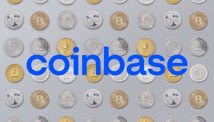 Logo coinbase na tle kolekcji monet kryptowalutowych