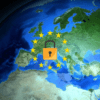 mapa europy widziana z kosmosu, na środku gwiazdki unii europejskiej oraz kłódka