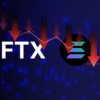logo FTX na niebieskim tle, logo Solany, czerwone strzałki wskazujące na spadki