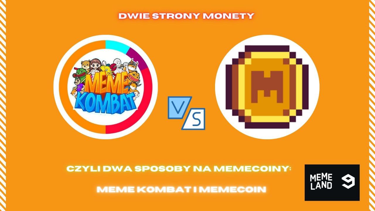 Dwa memecoiny: MEME oraz MemeKombat na pomarańczowym tle