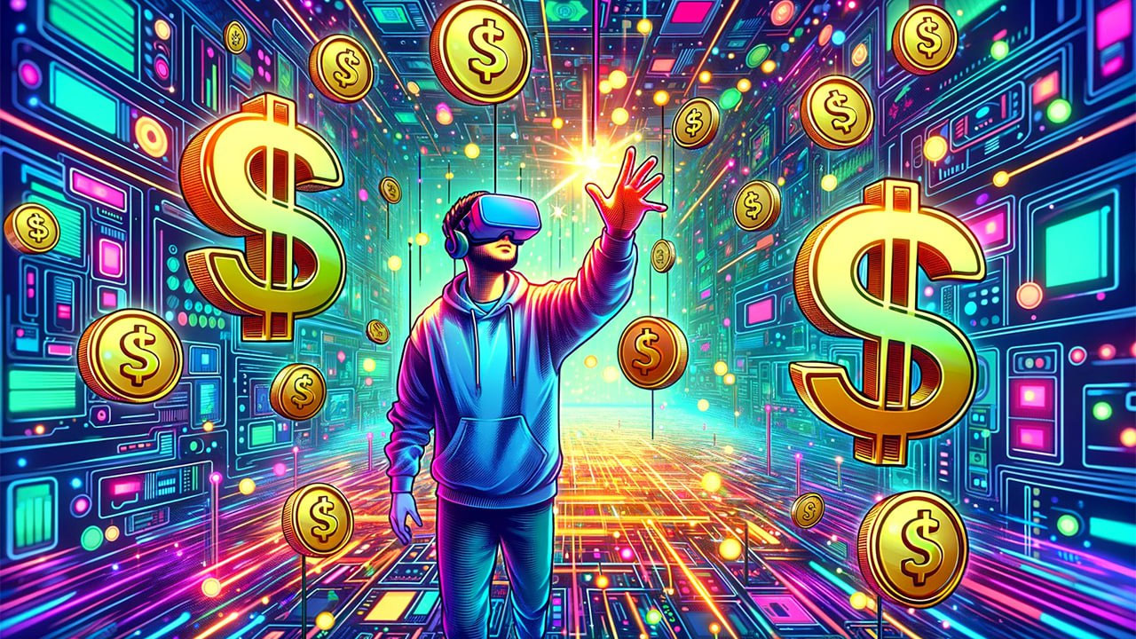 mężczyzna w goglach VR, wokół monety i symbol dolara