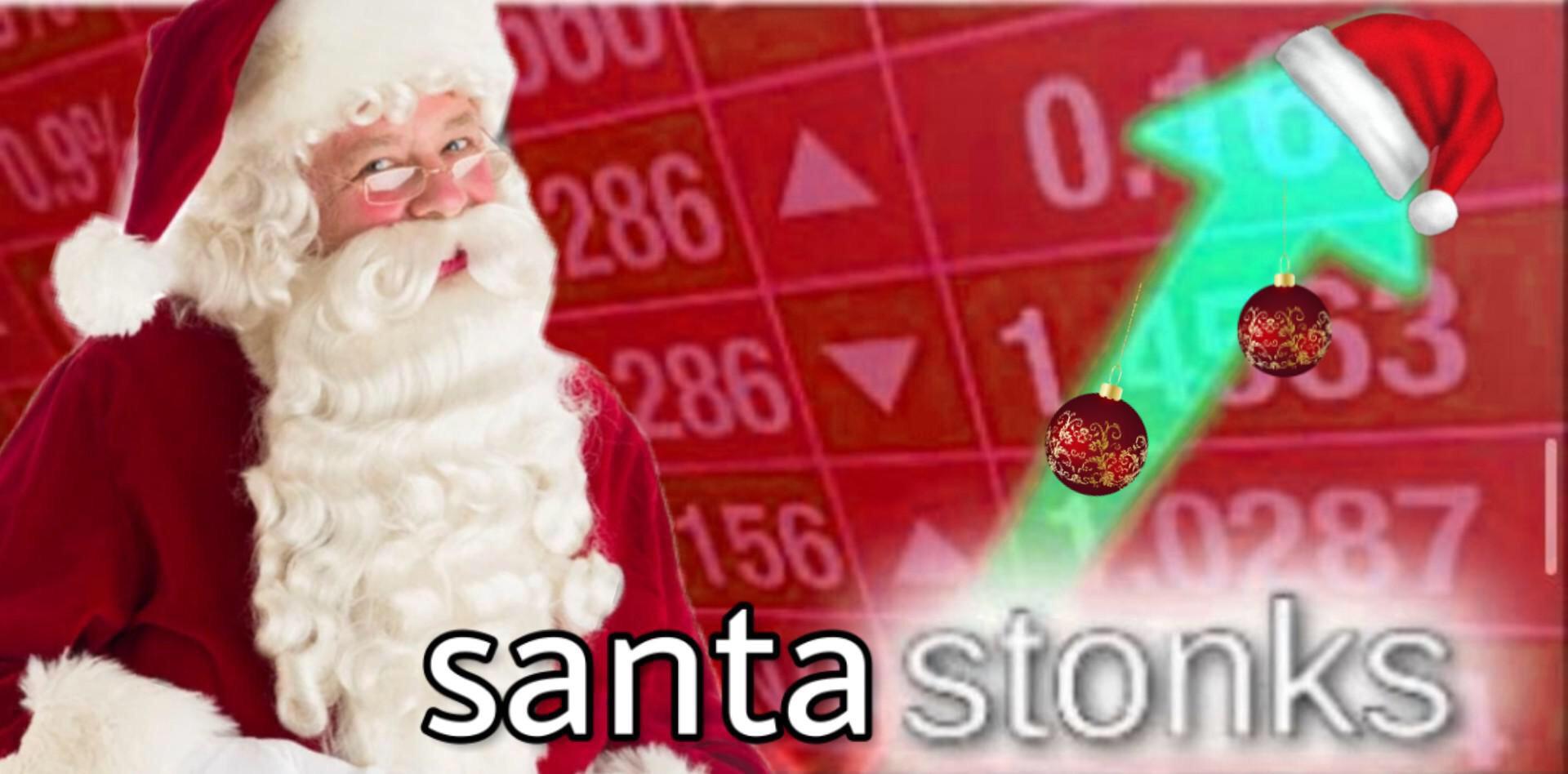 Św. Mikołaj z napisam 'Santa Stonks' na tle tablicy ze zmianami cen aktywów