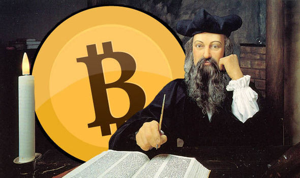 Nostradamus z otwartą księga i podobizną Bitcoina w tle