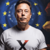Elon Musk, w koszulce z logo X, w tle flaga UE