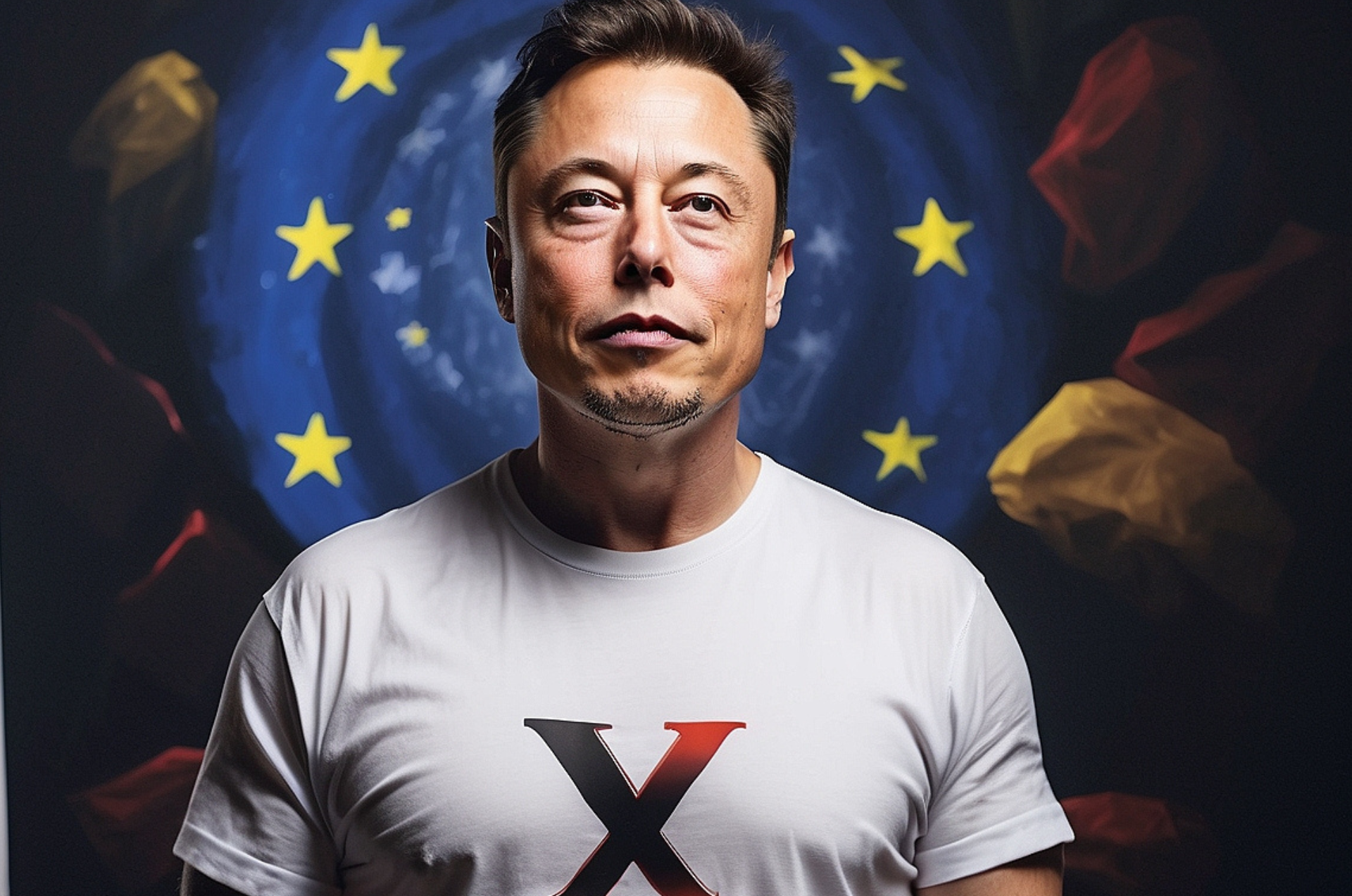 Elon Musk, w koszulce z logo X, w tle flaga UE