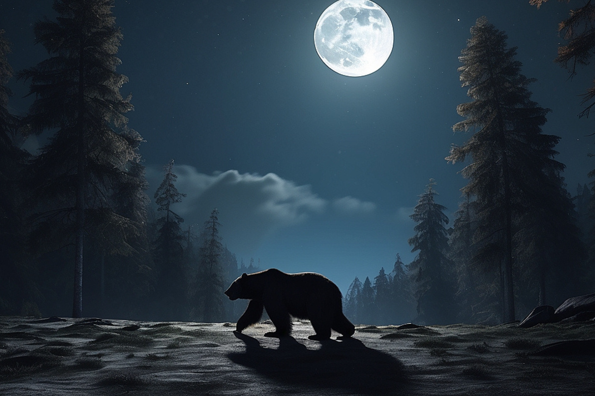 niedźwiedź w lesie, noc, księżyc
