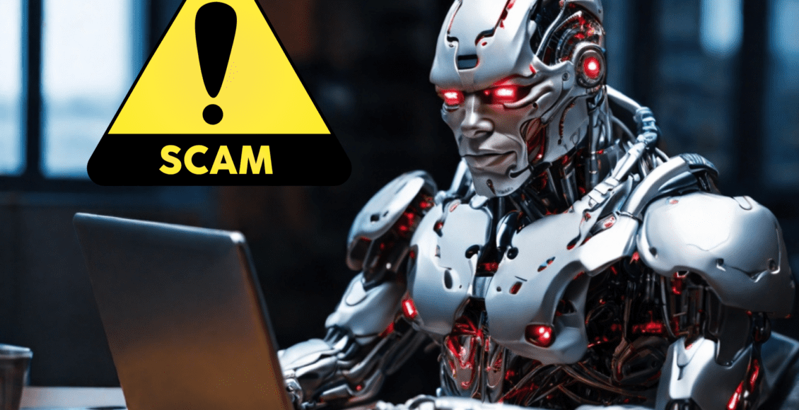 AI przy laptopie, "scam alert"