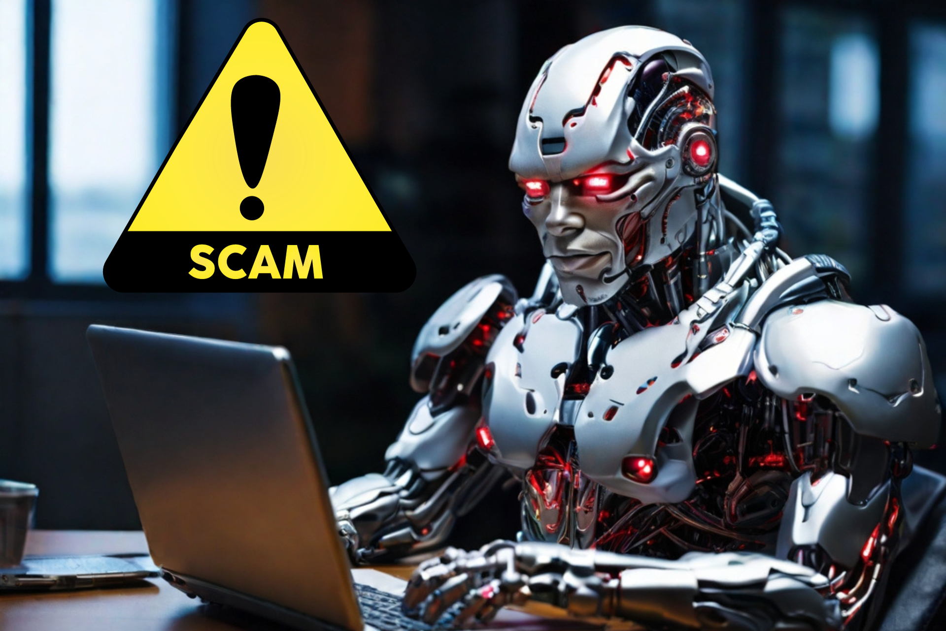 AI przy laptopie, "scam alert"