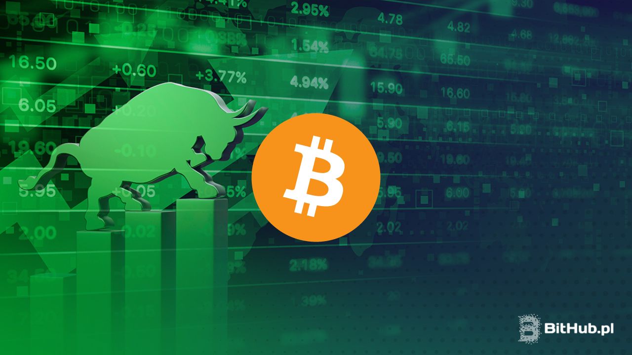 Zielona grafika z bykiem symbolizująca wzrosty na rynkach oraz logo Bitcoina