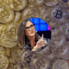 Portret Cathie Wood na tle monet Bitcoin