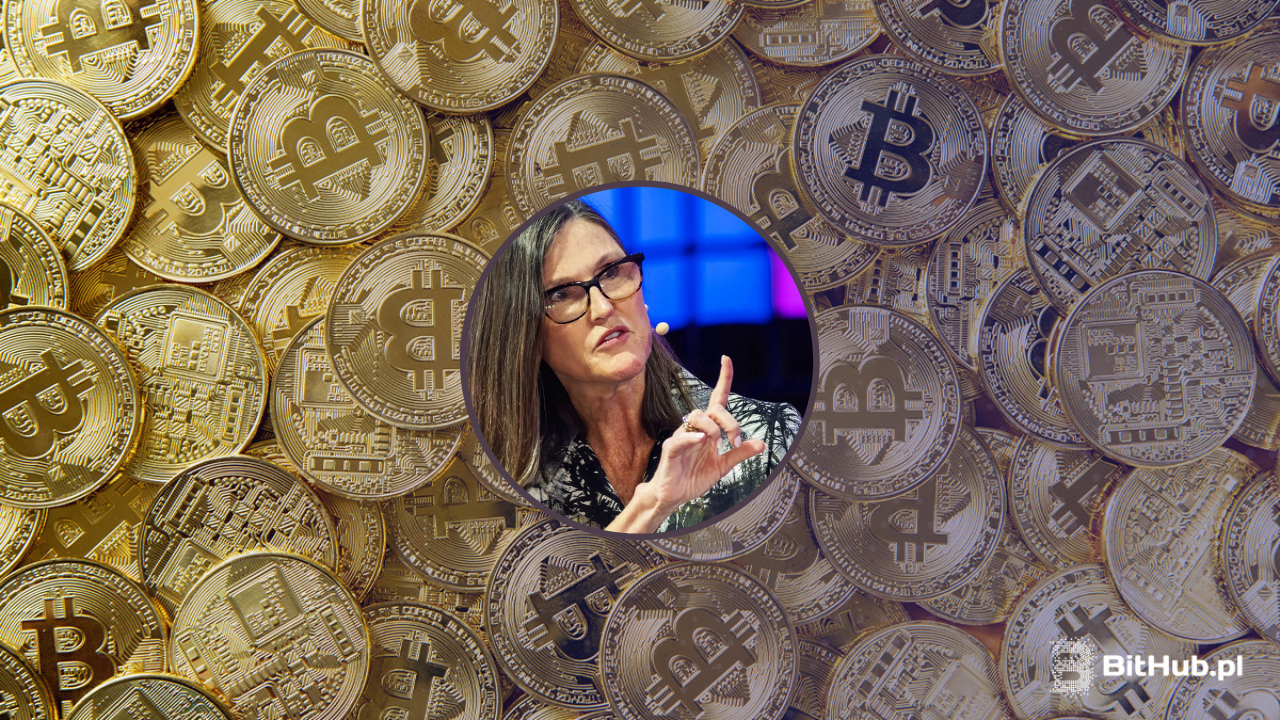 Portret Cathie Wood na tle monet Bitcoin