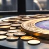 Okrągły stół z kompasem na środku na którym leżą też monety kryptowalutowe