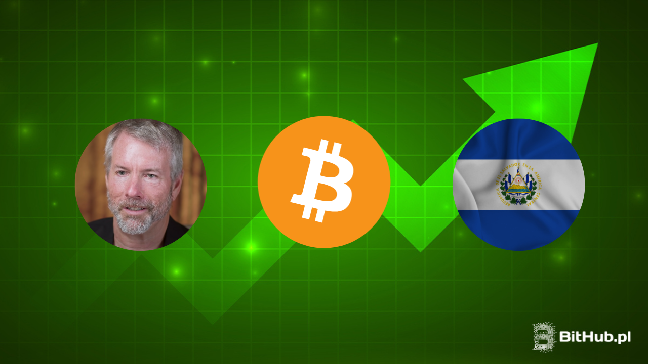 Zielona grafika pokazująca wzrost ceny Bitcoina oraz portrety Michaela Saylora oraz El Salvador