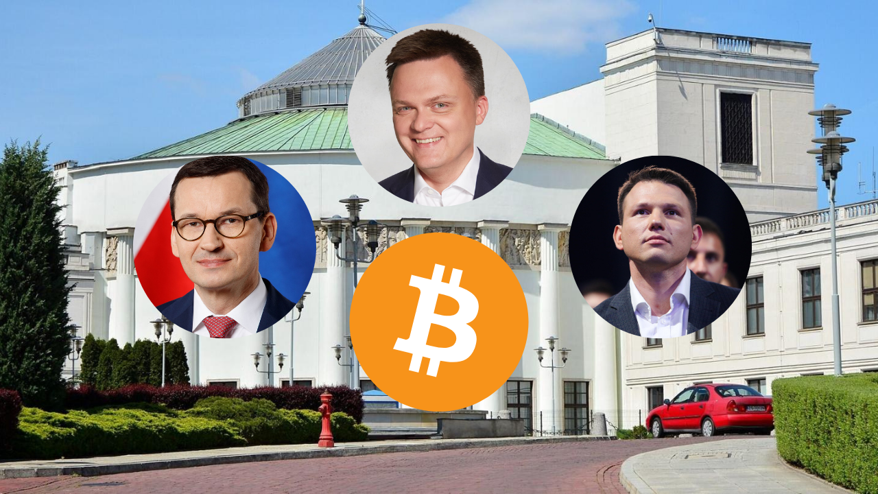 Twarze polityków i Bitcoin na tle Sejmu RP