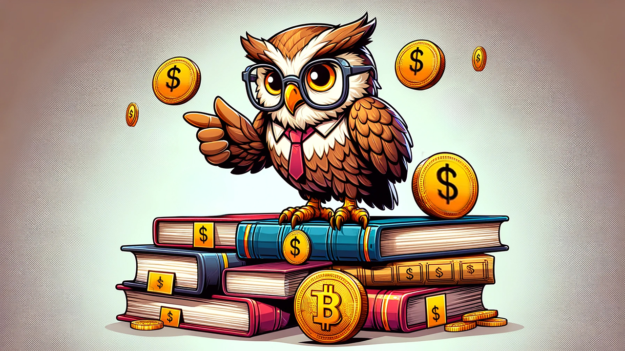 Sowa stojąca na książkach, wokół monety