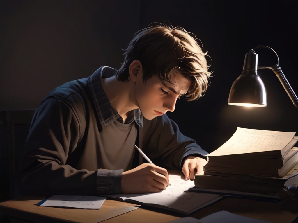 Uczeń odrabiający pracę domową w ciemnym pokoju