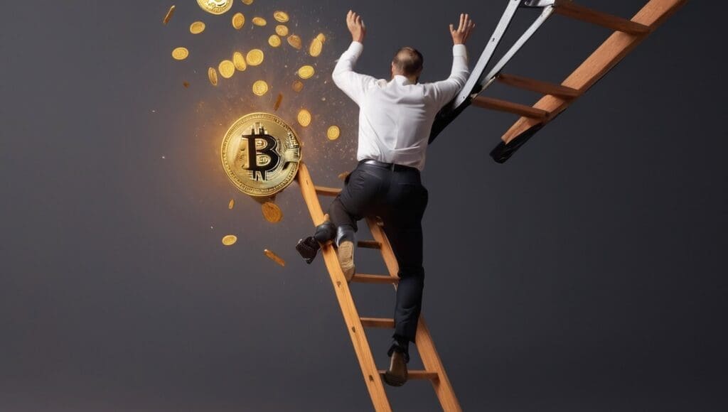 Bitcoin i mężczyzna spadają z drabiny