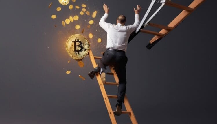 Bitcoin i mężczyzna spadają z drabiny