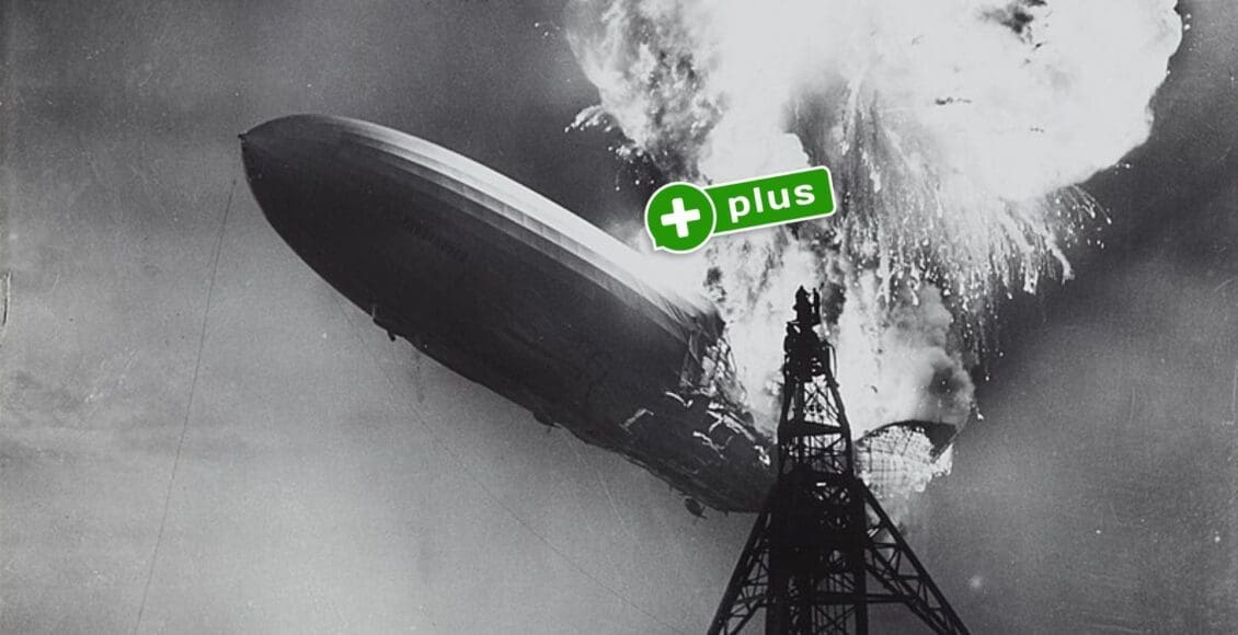 Wybuch sterowca Hindenburg z napisem 'Plus' ma pierwszym planie