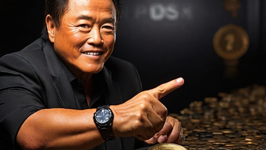 Robert Kiyosaki wskazujący palcem, monety