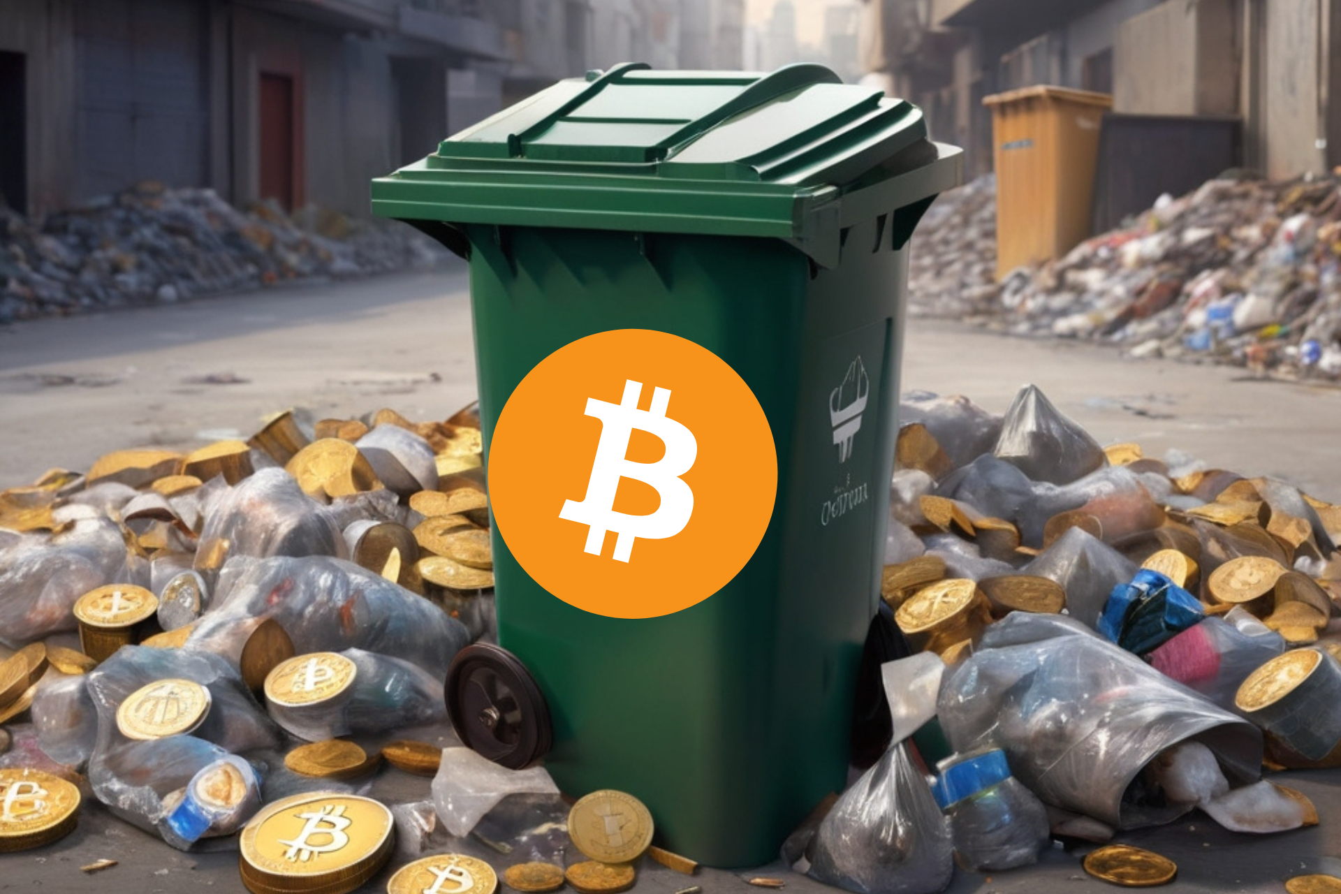 Bitcoin, kosz na śmieci, sterta śmieci