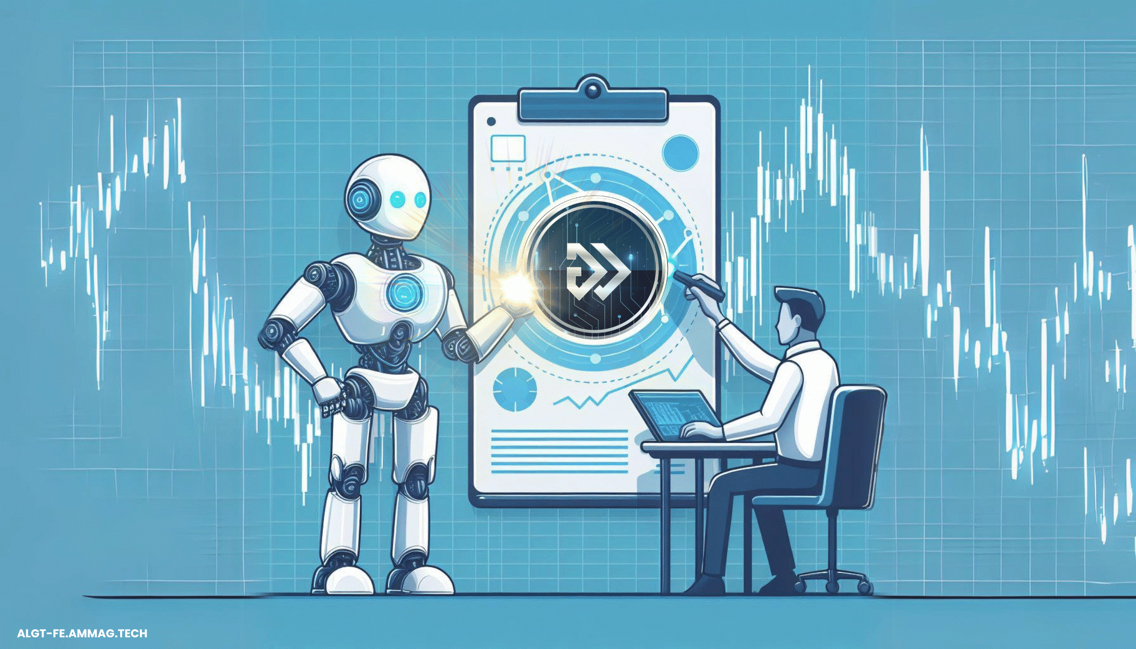Niebieska grafika przedstawiająca robota i inwestora na tle grafiki Algotech
