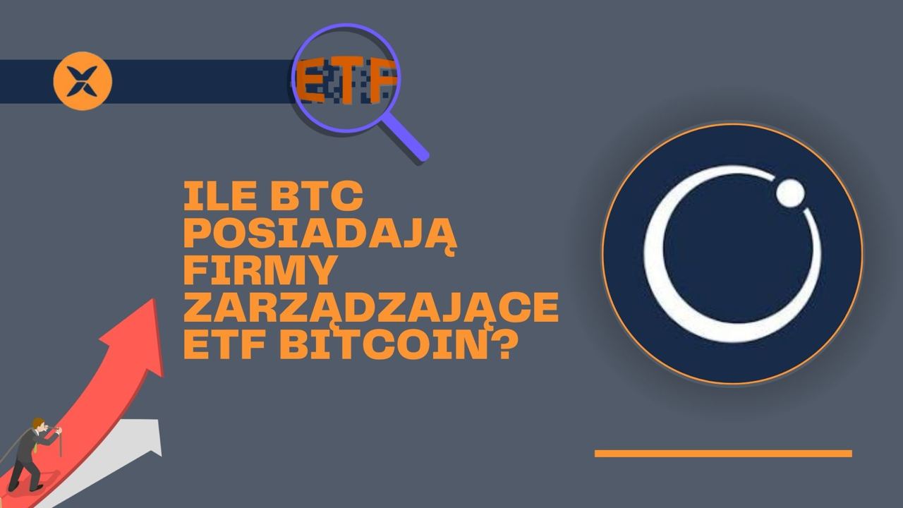 Szaro-granatowa grafika z pomarańczowym napisem "Ile BTC posiadają firmy zarządzające ETF Bitcoin"?