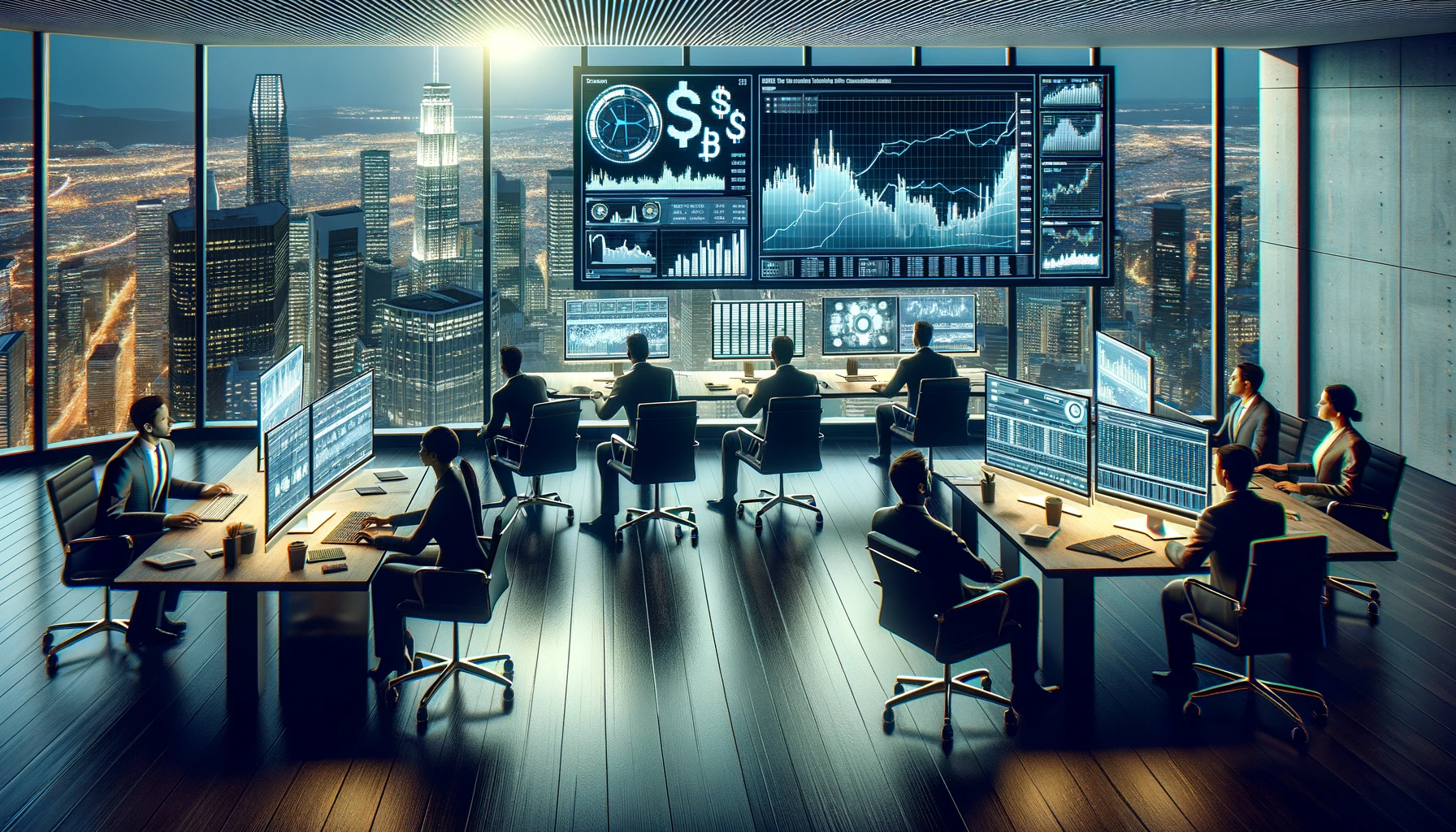 Analitycy siedzący przed komputerami w wieżowcu, w tle panorama miasta