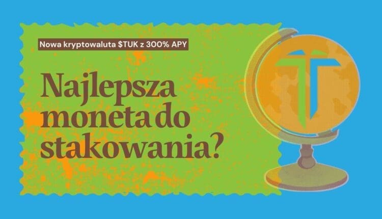 Grafika niebiesko-zielono-żółta z napisem "Najlepsza moneta do stakowania"?