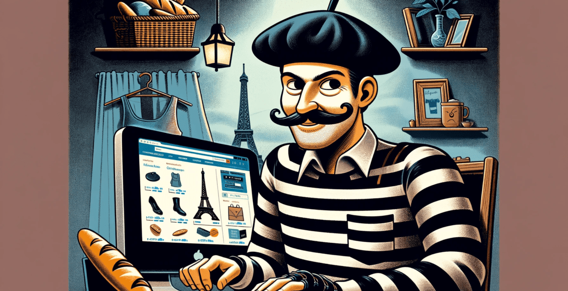Stereotypowy Francuz siedzący przed komputerem ze sklepem internetowym