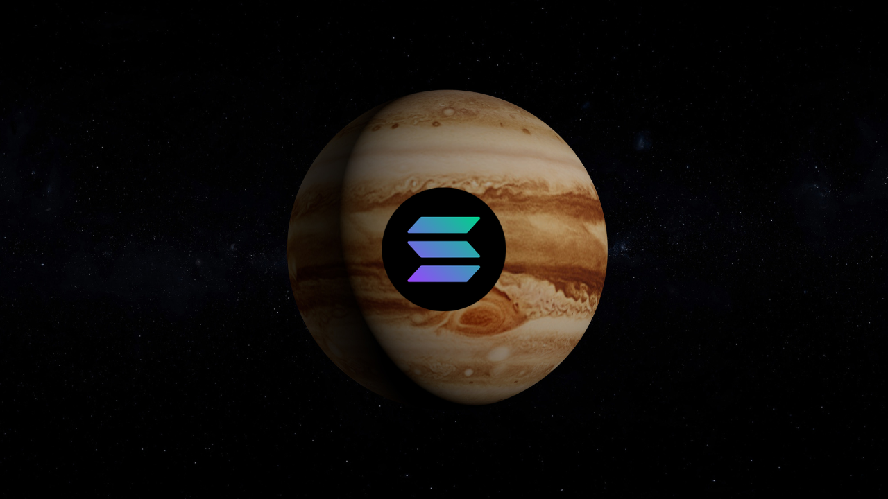Jowisz na tle ciemnego kosmosu, na Jowiszu znajduje się logo kryptowaluty Solana