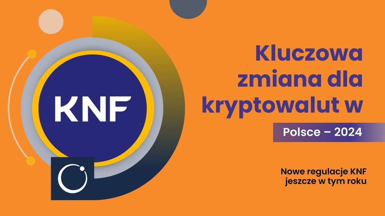 Grafika w kolorze pomarańczowo-granatowym o zmianach KNF dla rynku kryptowalut w Polsce