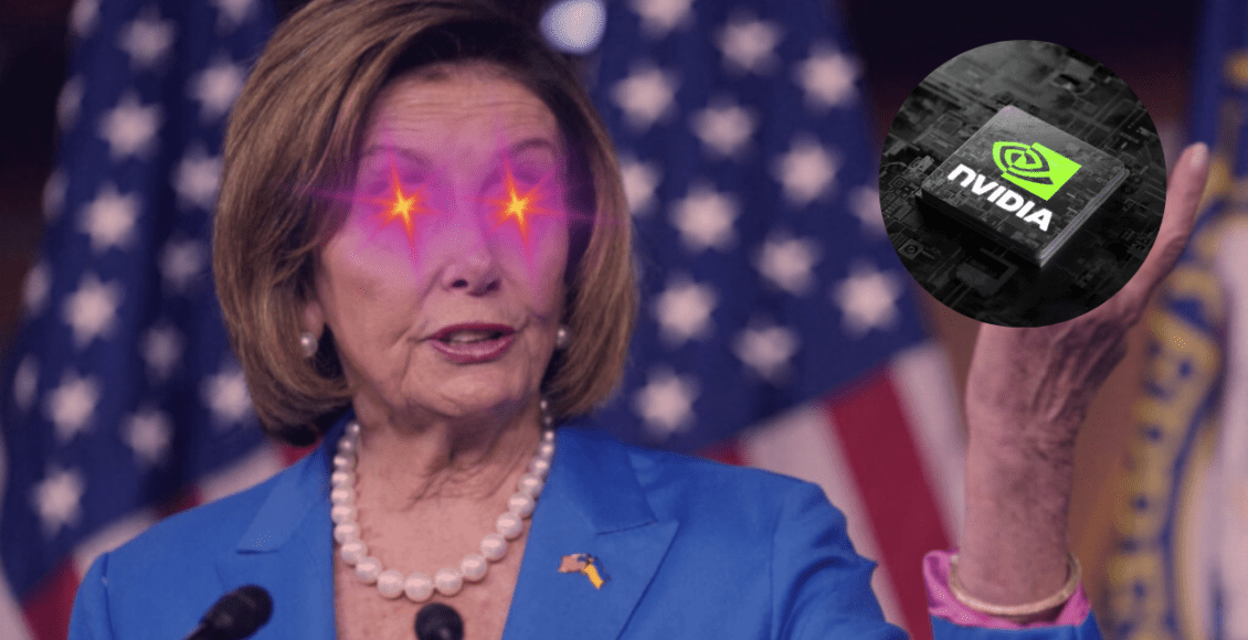 Nancy Pelosi z laserowymi oczami trzymająca w ręku logo NVIDIA