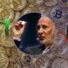 Peter Schiff na tle monet bitcoin, z jednej strony strzałki zielone wzrostowe a po drugiej stronie strzałki czerwone spadkowe.
