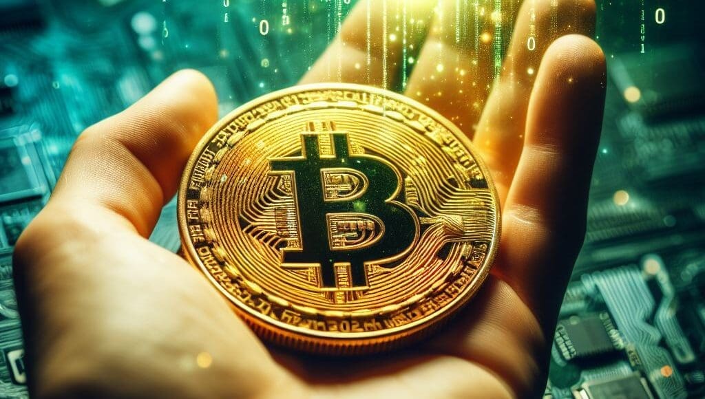 ręka trzymająca bitcoin kryptowaluty