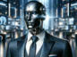 Sztuczna inteligencja w garniturze na tle cybernetycznego miasta