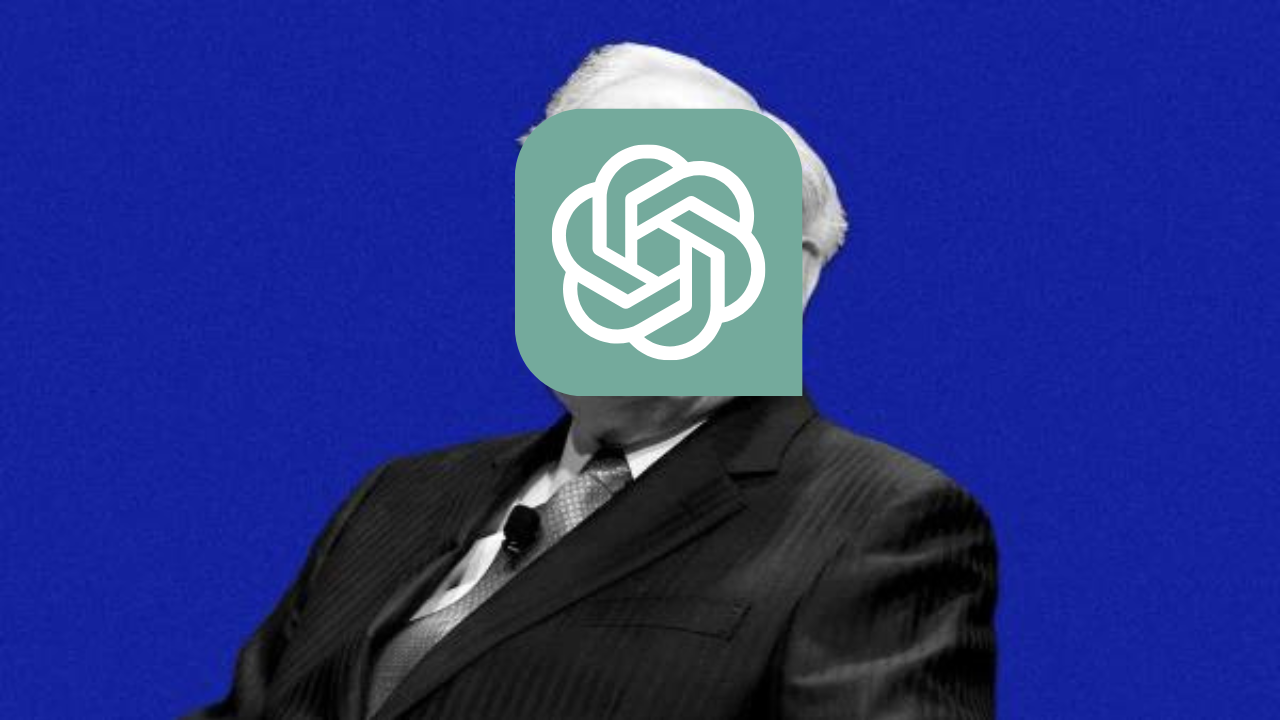 Warren Buffett z twarzą ChatGPT na niebieskim tle