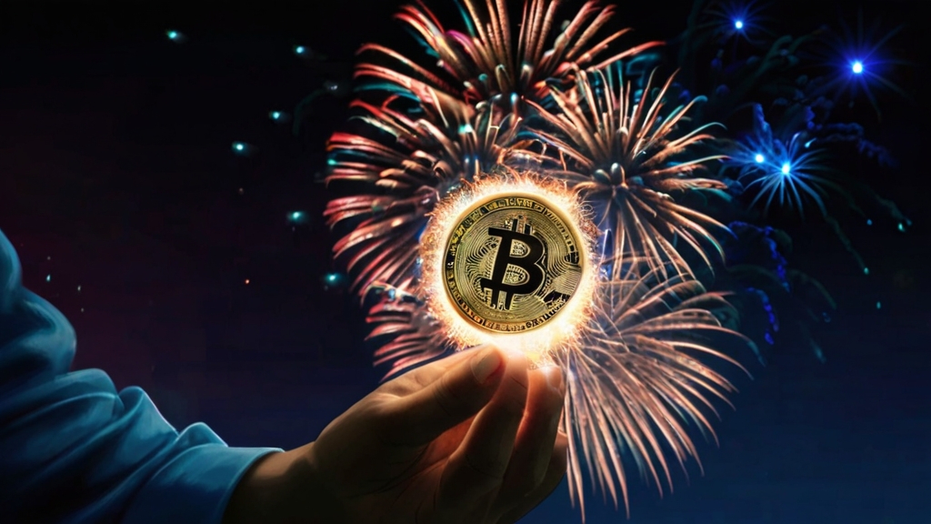 Bitcoin w dłoni, fajerwerki